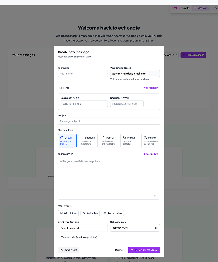 echonote 'Create new message' UI: sender and recipient fields, message tone selector (Casual, Emotional, Formal, Playful, Legacy), message body, attachment options for picture, video, and voice, plus schedule date.