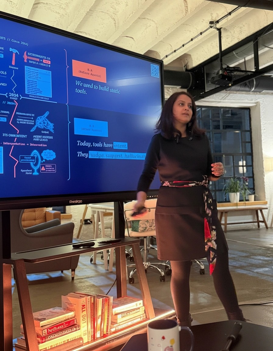 Pavitra presenting at a product design event